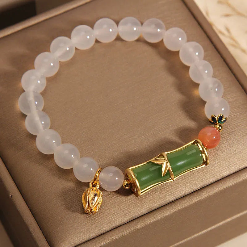 White agate and jasper beaded bracelet with jade bamboo joint centerpiece in New Chinese retro style for women