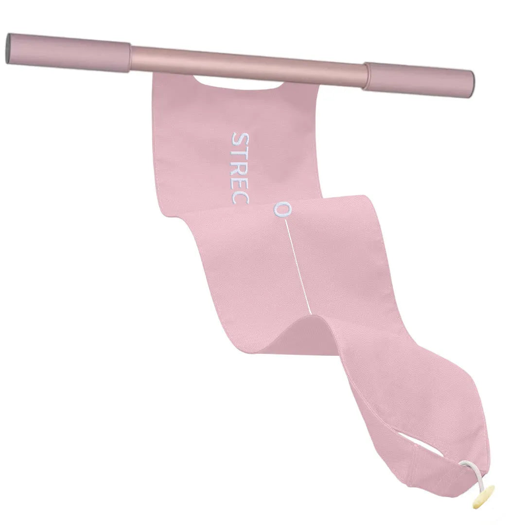 Grey and pink yoga multi-function stretching tool for shoulder, back, and hip flexibility.