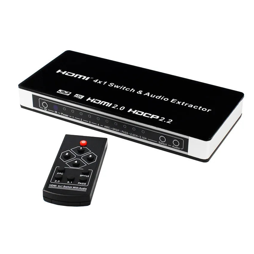 Black HDMI switch box with four inputs one output for HD video switching with remote control