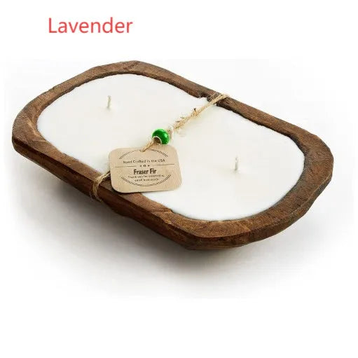 Wooden basin aromatherapy candle with three wicks and soy wax in retro lavender style
