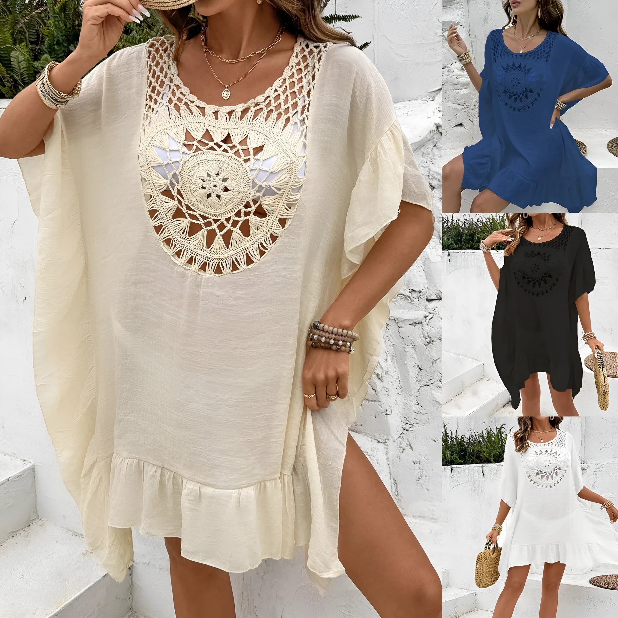 Apricot coloured crochet stitch tassel beach dress on a hanger, showing patchwork skirt design.