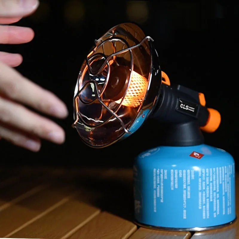 Black and orange mini portable heating stove with stainless steel body and automatic press ignition for camping