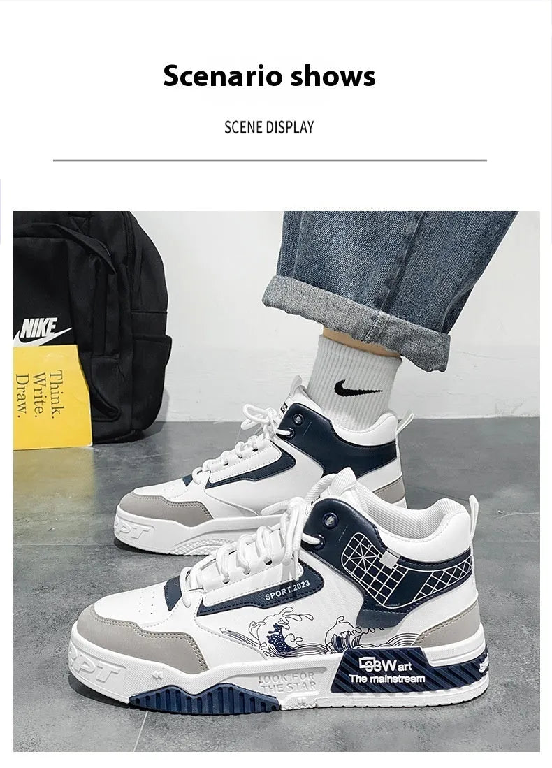 Men's high-top board shoes in beige white and blue with mesh lining and rubber sole