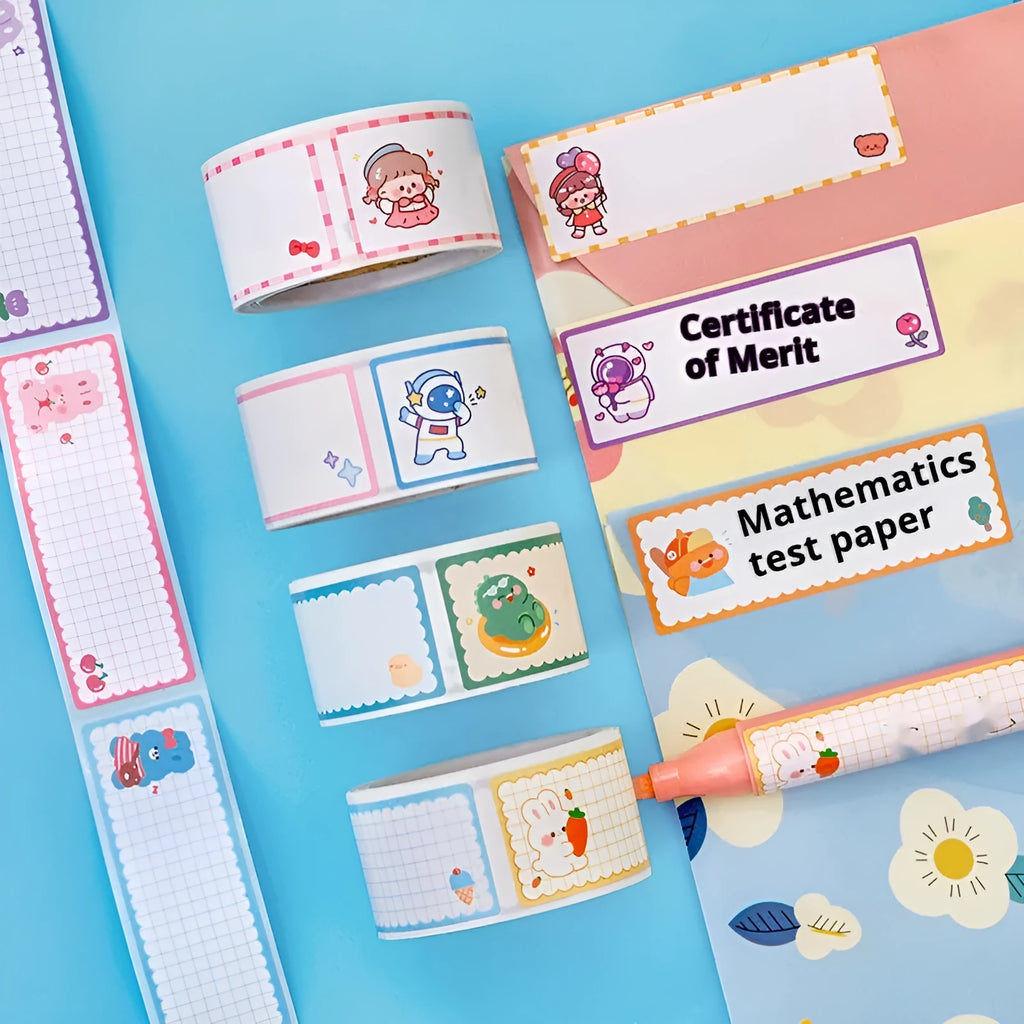 Roll of colourful cartoon name stickers with dinosaur, astronaut, rabbit, and girl designs for labelling.