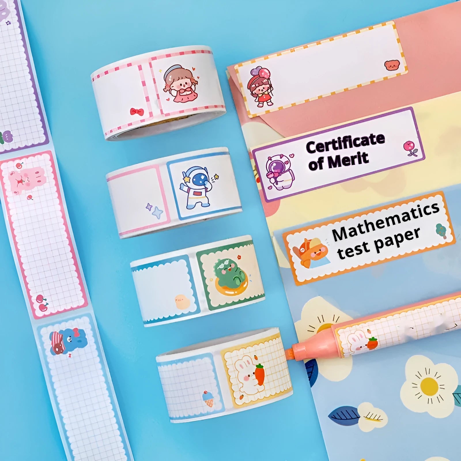 Roll of colourful cartoon name stickers with dinosaur, astronaut, rabbit, and girl designs for labelling.