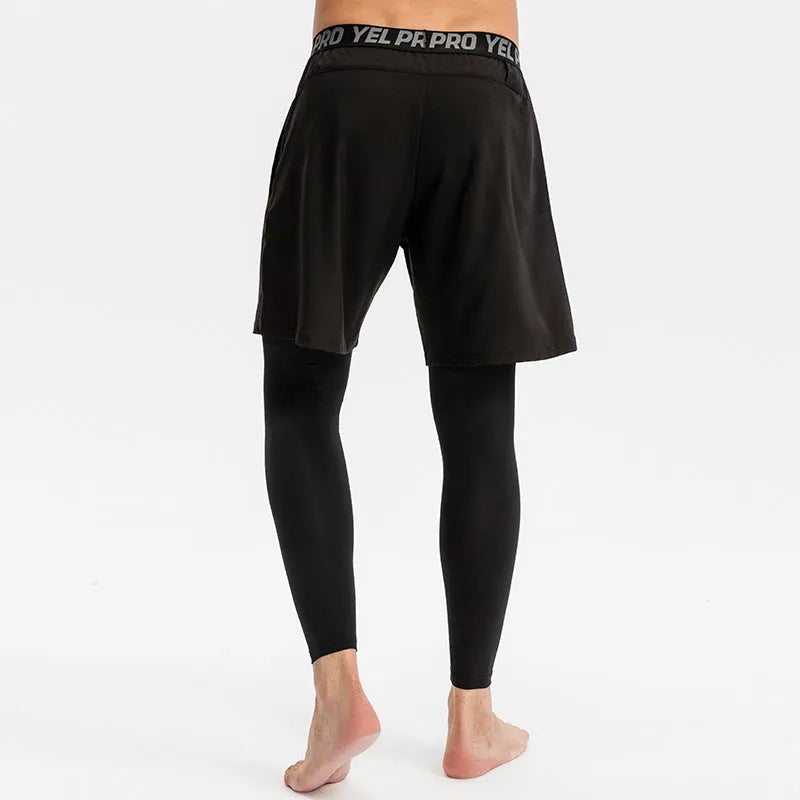 Men's gray quick-drying high elastic tight sports pants for fitness and running.