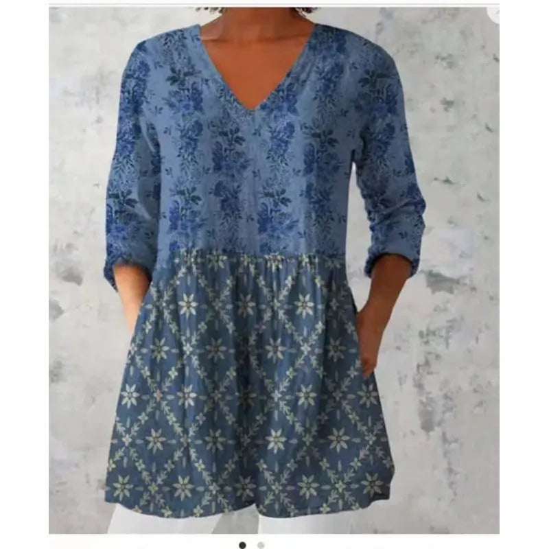 Women's printed wave pattern loose dress with 3/4 sleeves and wide waist design