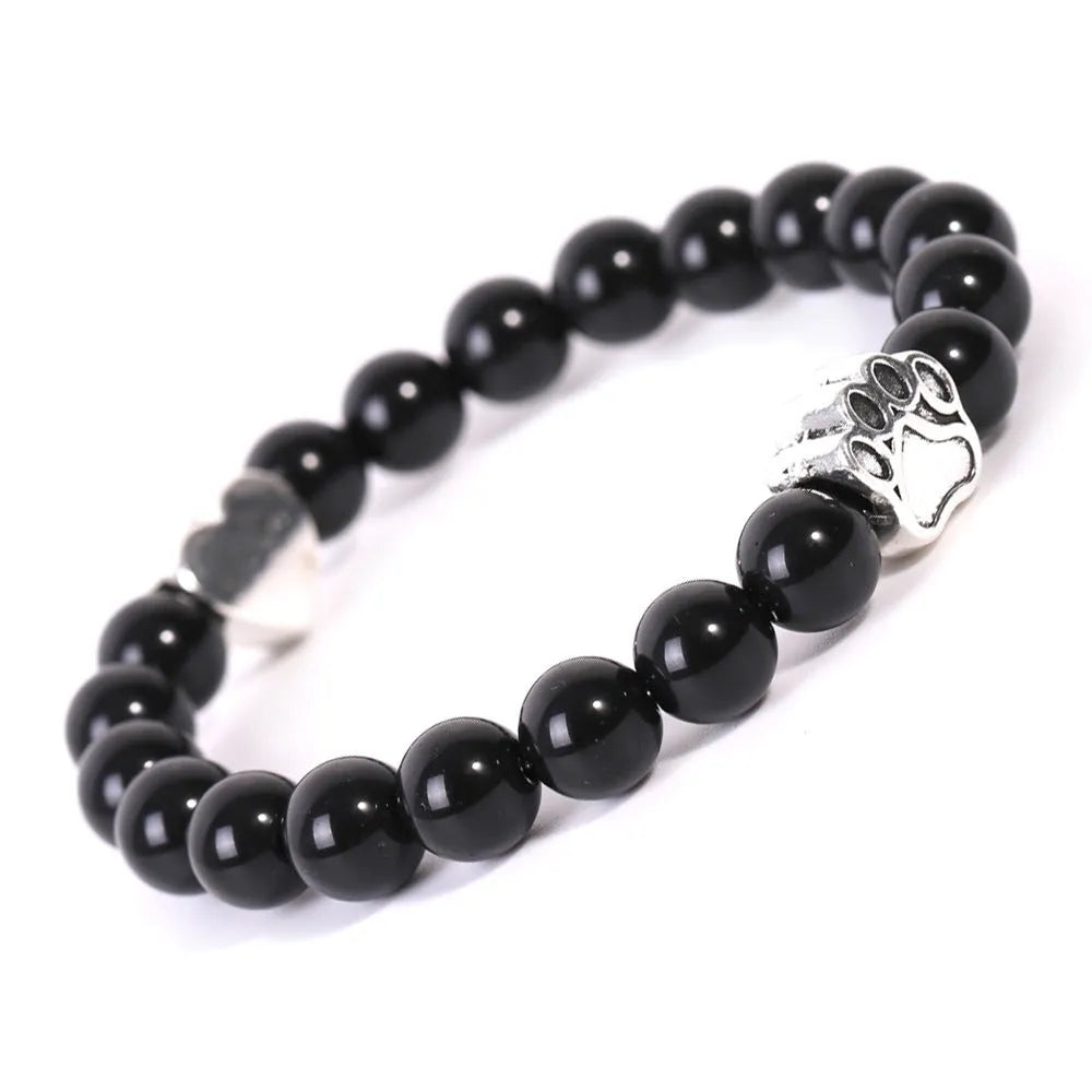 Tiger eye Indian agate stone bracelet with dog's paw beads and love heart charm on adjustable band