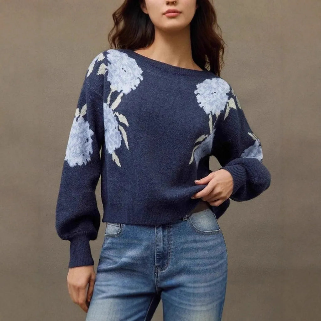 Sapphire Blue women's loose pullover with woven floral jacquard pattern and off-neck collar.