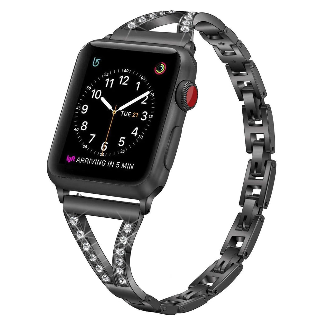 Zinc alloy herringbone diamond pattern Apple Watch strap in silver on a wrist.