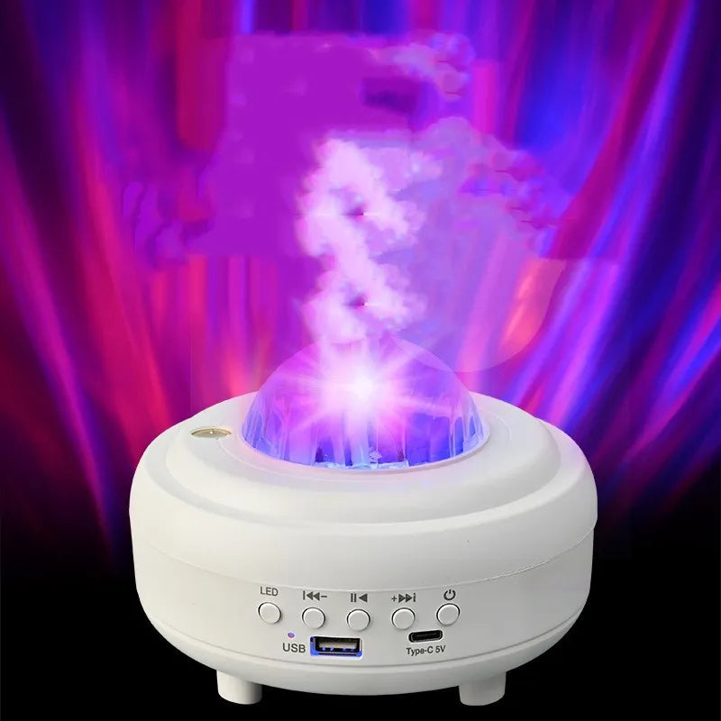 White galaxy star projector with Bluetooth speaker showing star projection on wall