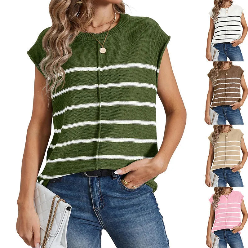 Women's striped sleeveless pullover vest in acrylic knit with bone stitching detail