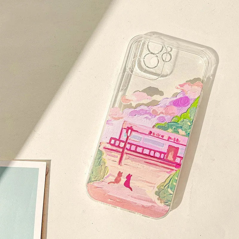 Soft silicone iPhone case with a colourful two-cat cartoon design on a white background.