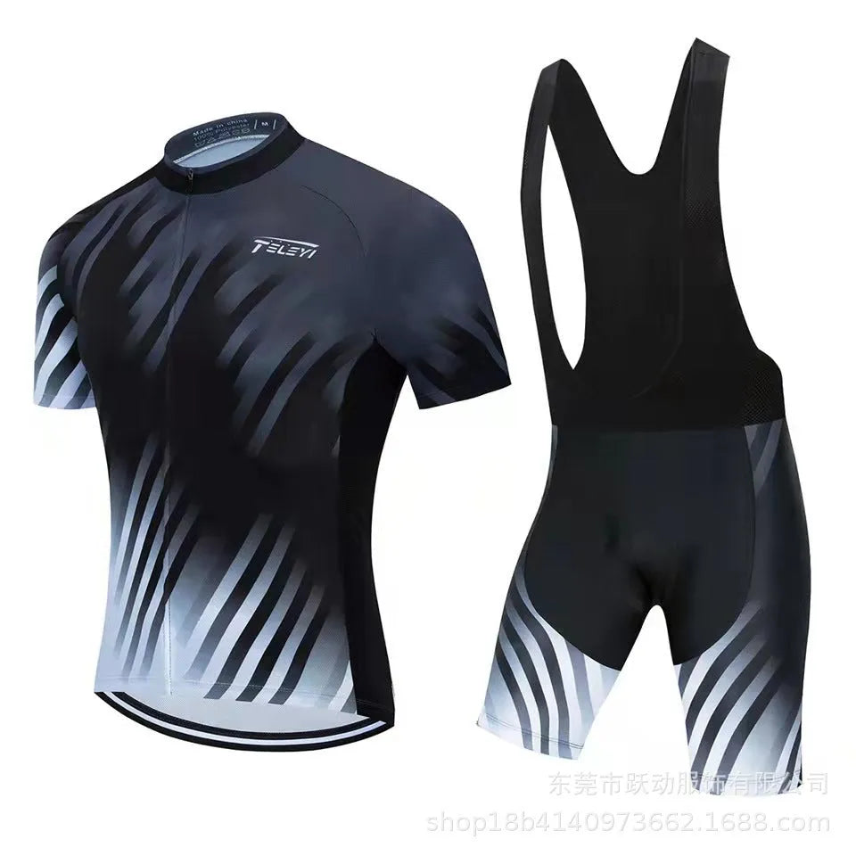 Cycling jersey and pants set in a colour style, laid flat to show the top and matching shorts.