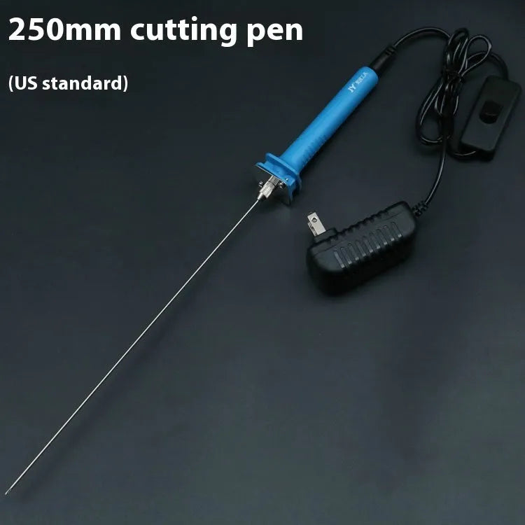 Blue handled electric heating foam cutter pen with a selection of different length metal blades.