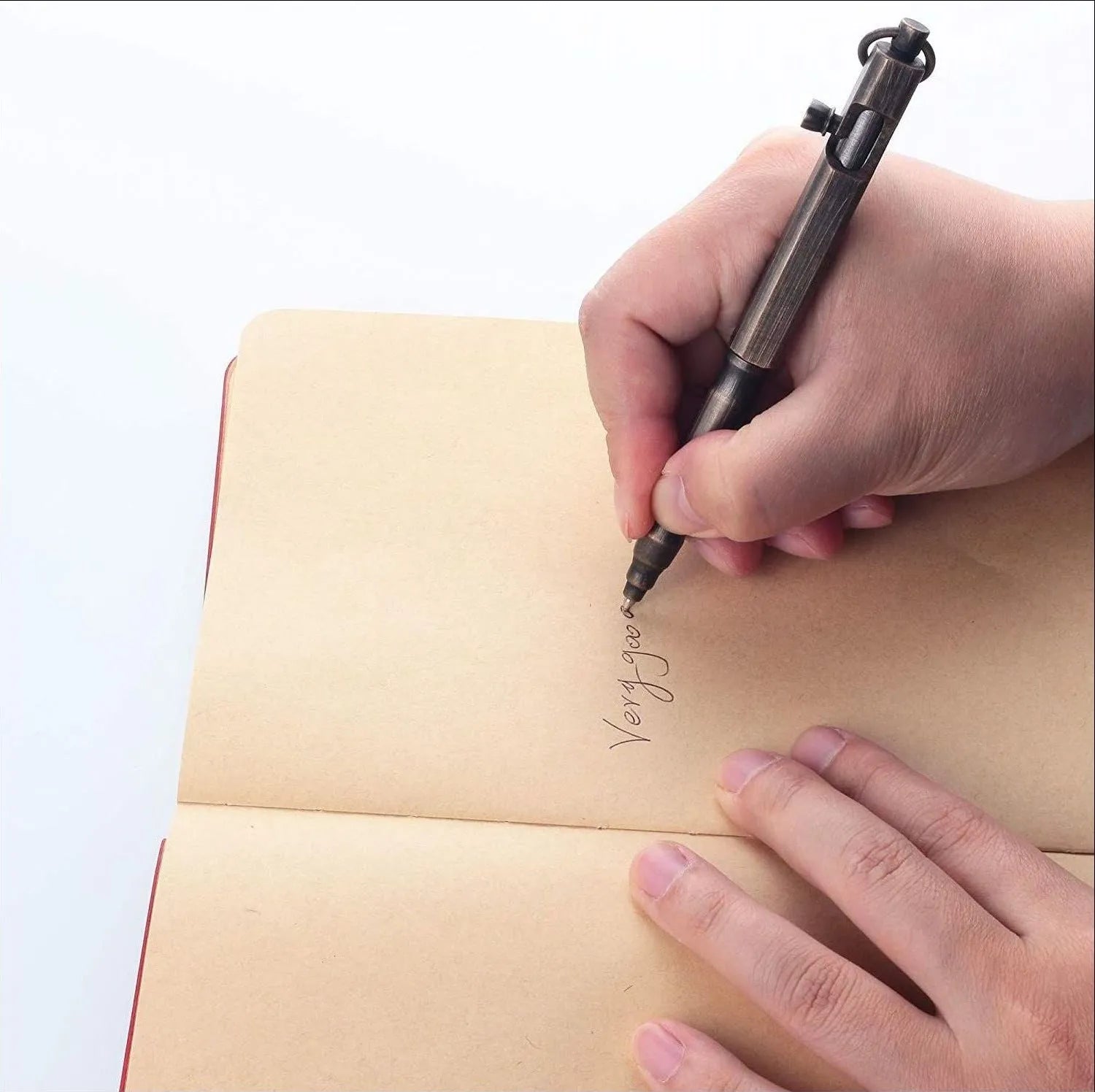 Brass tactical pen with hexagonal bolt design showing brass and black colour options