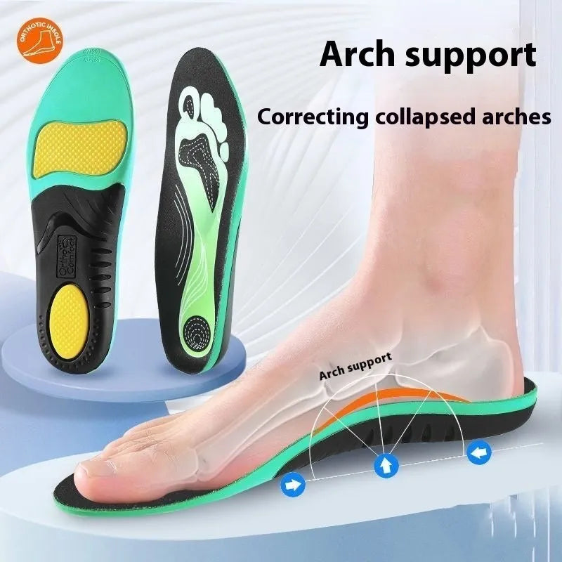 Blue and green flat foot correction instep insoles showing PU construction with unisex design