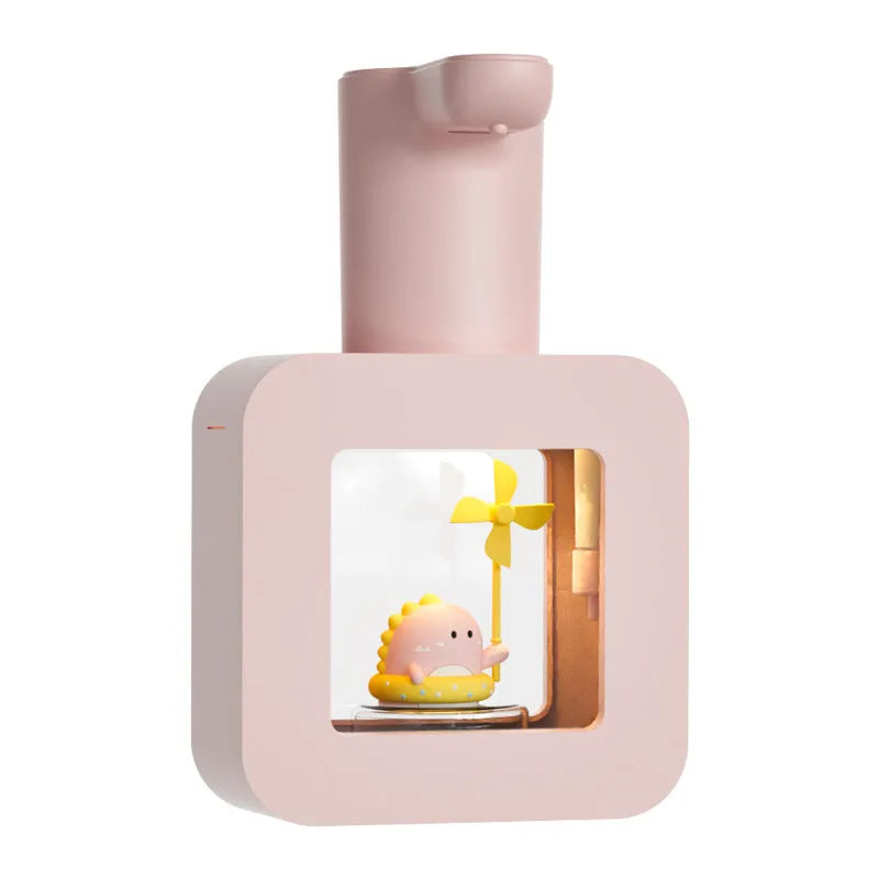 Yellow automatic soap dispenser with unicorn cartoon design for kids featuring touchless infrared sensor