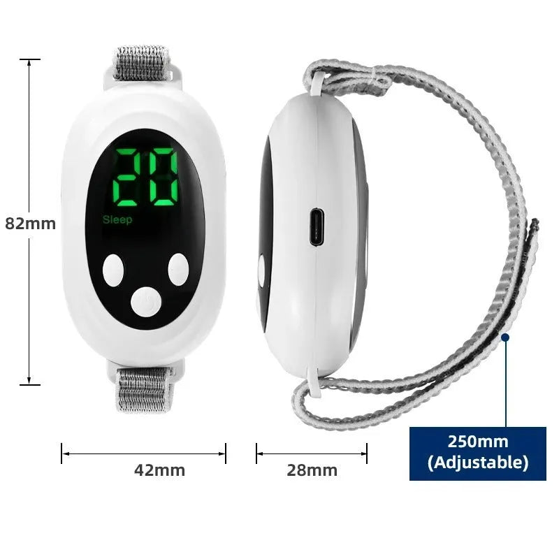 White handheld USB-powered sleep aid instrument with remote control and adjustable intensity settings.