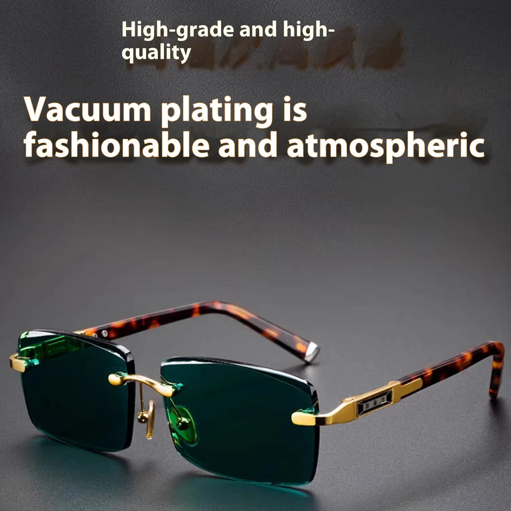 Frameless dark green crystal glasses with sunshade function shown with case and cleaning cloth