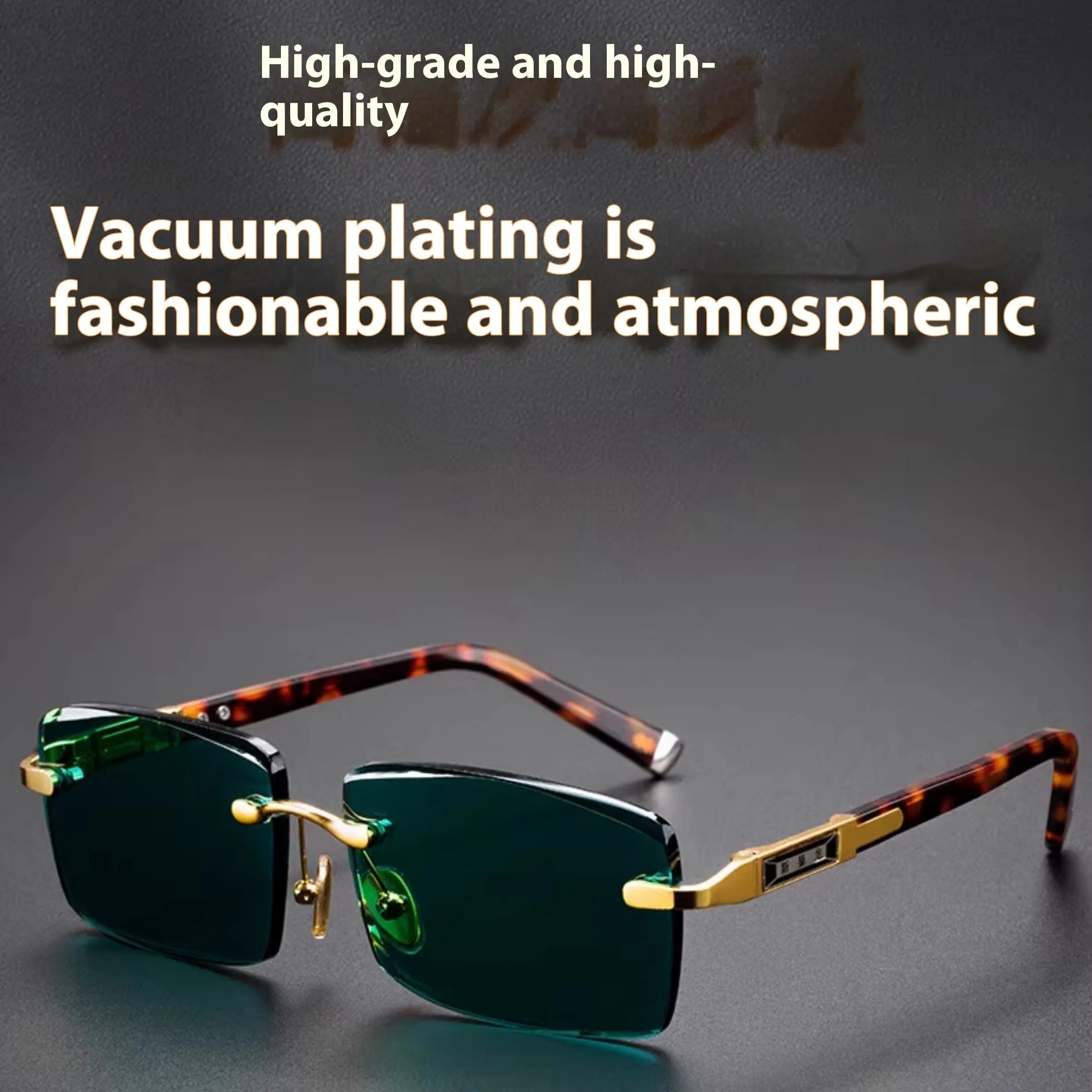 Frameless dark green crystal glasses with sunshade function shown with case and cleaning cloth