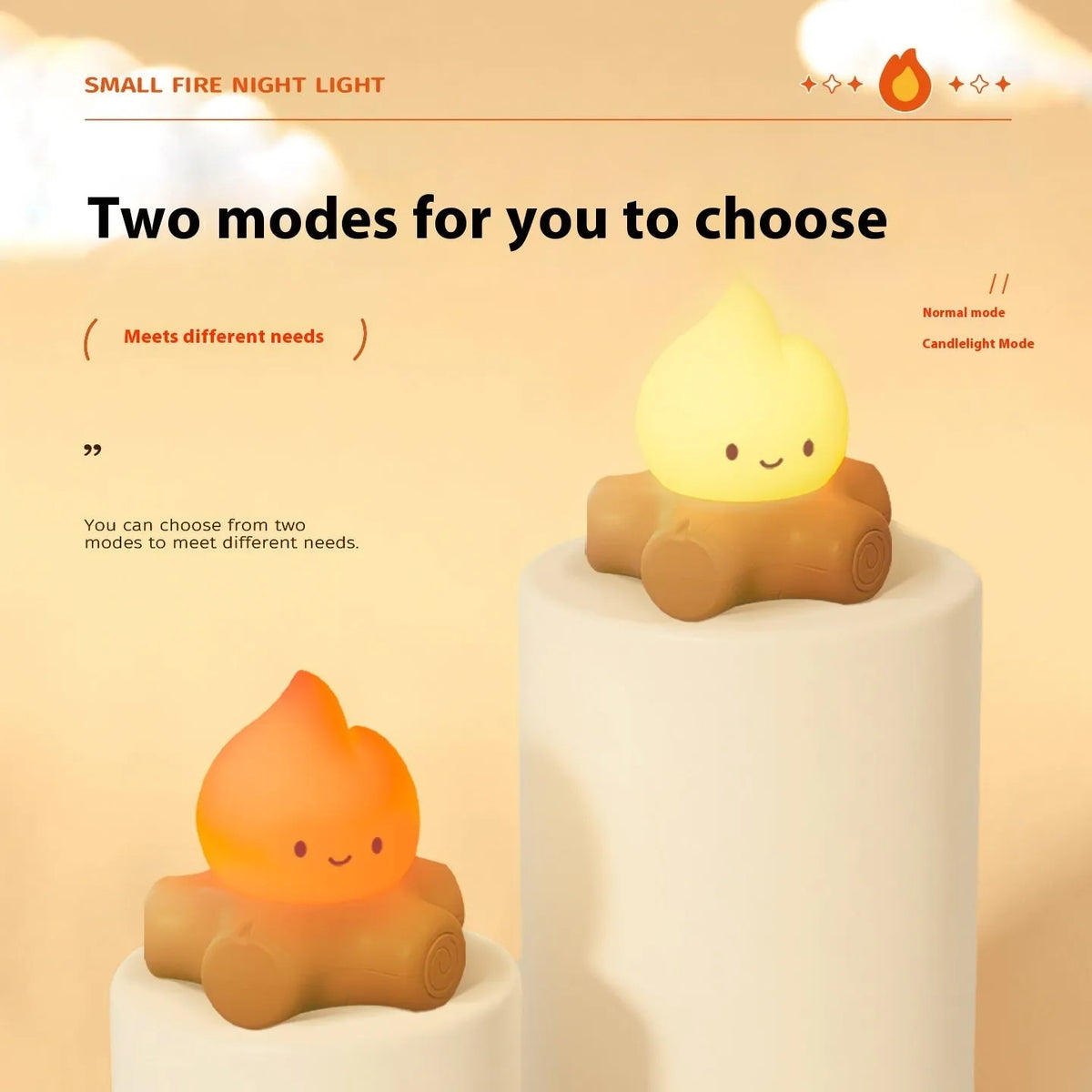 Small silicone fire pile night lamp with cartoon design showing yellow illumination