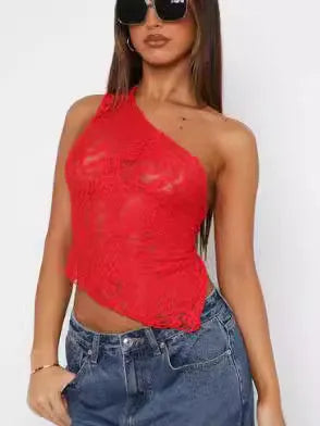 Women's lace backless top with asymmetrical neckline in solid colour