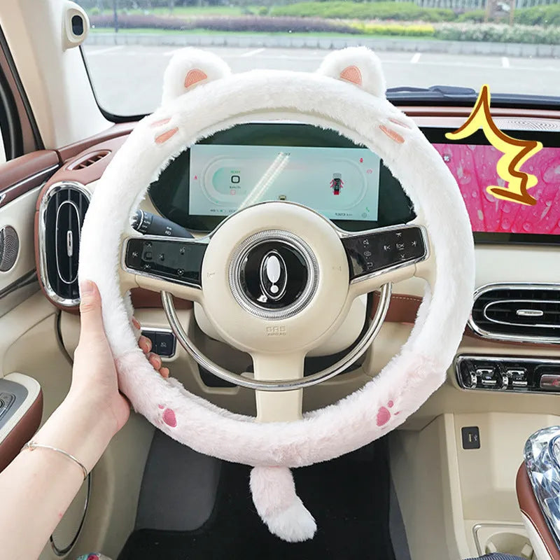 Winter steering wheel cover with plush thermal material and cartoon animal embroidery in 38cm diameter