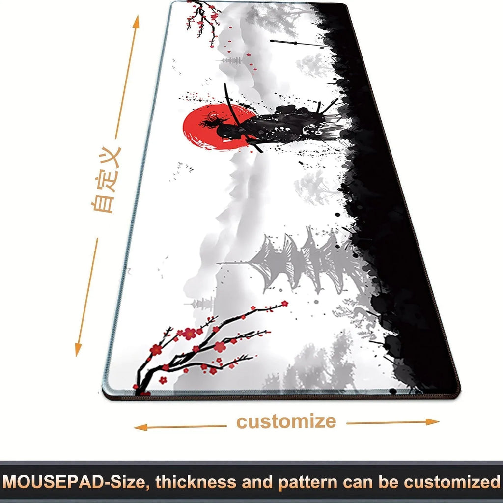 Japanese samurai design cloth gaming mouse pad on a desk, showing non-slip base and custom artwork.