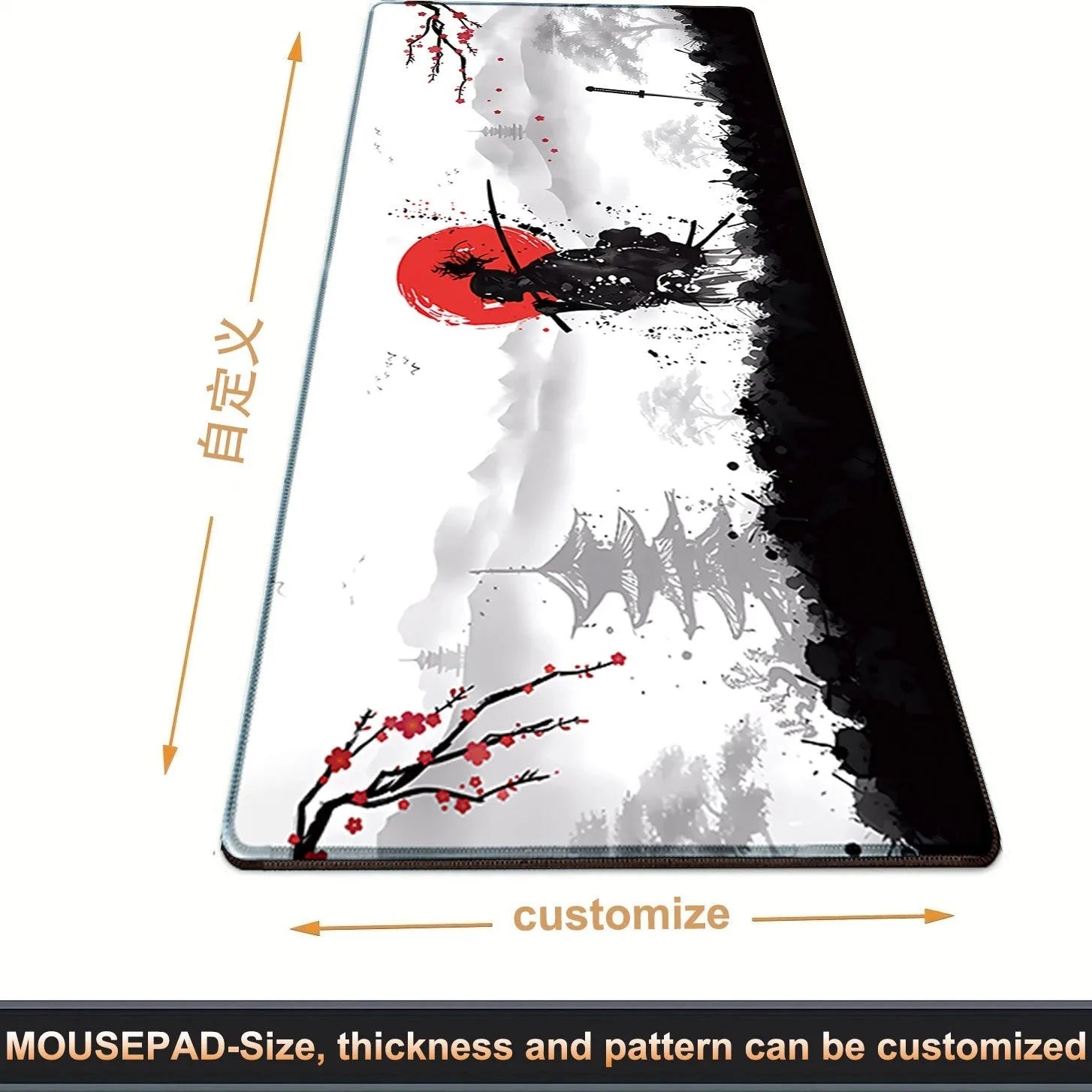 Japanese samurai design cloth gaming mouse pad on a desk, showing non-slip base and custom artwork.