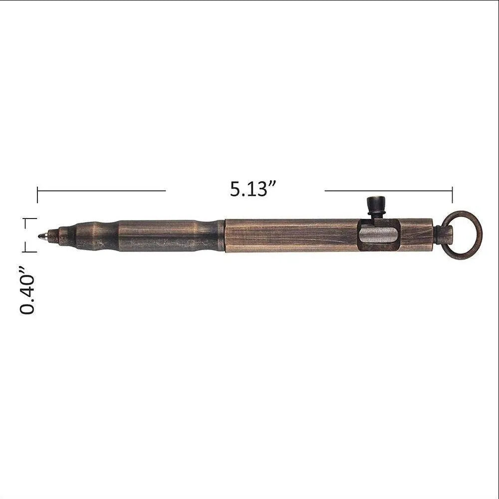 Brass tactical pen with hexagonal bolt design showing brass and black colour options