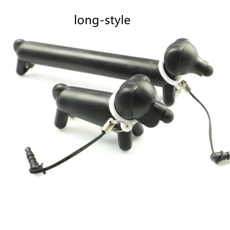 Black dog-shaped touch screen stylus showing dual-length design and phone holder function