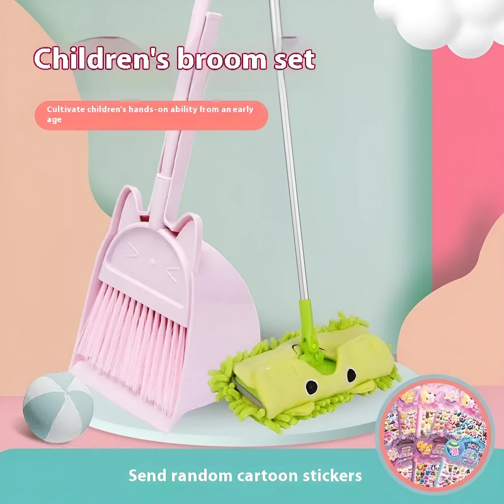 Purple, green and beige broom and dustpan combination set with rotating brush holder