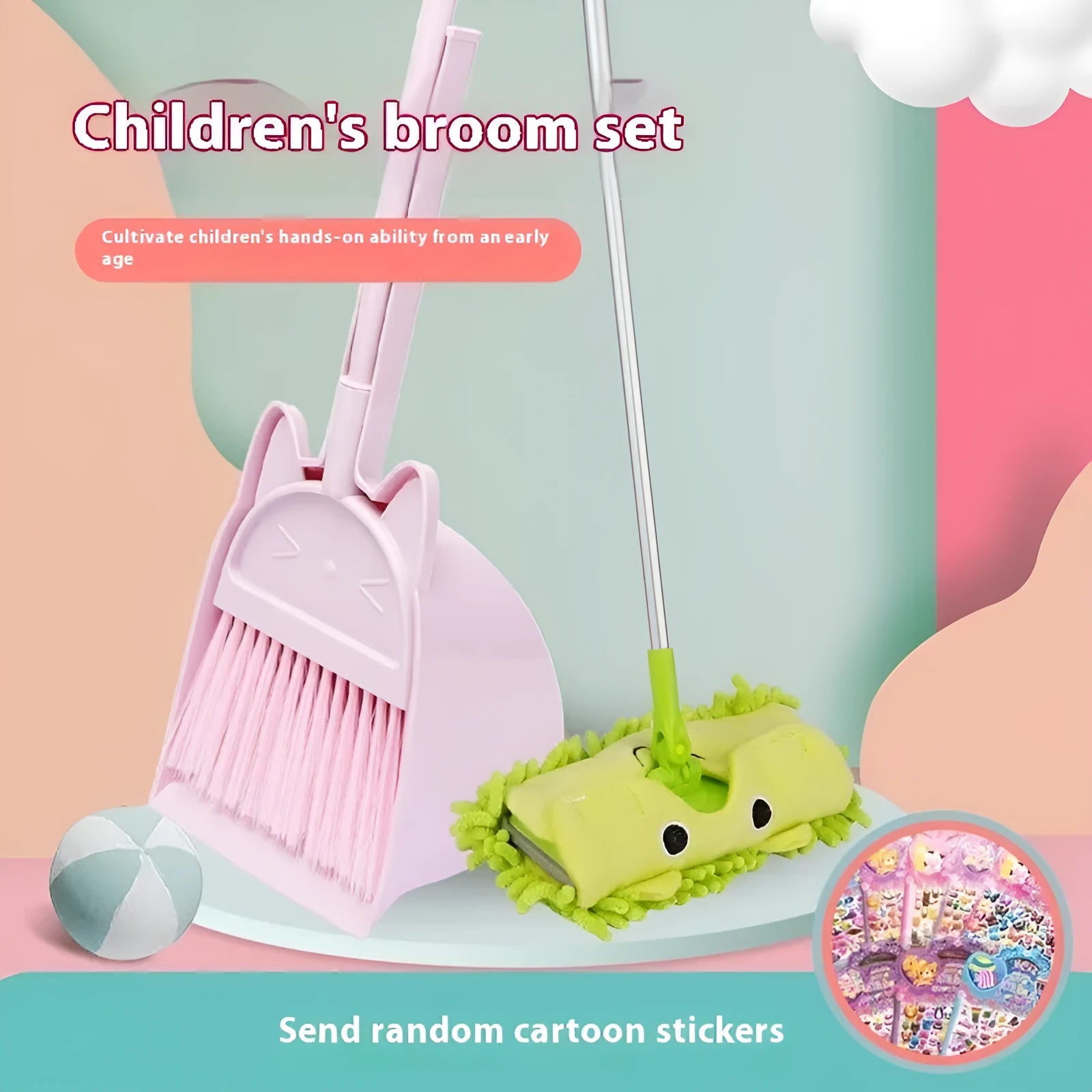 Purple, green and beige broom and dustpan combination set with rotating brush holder