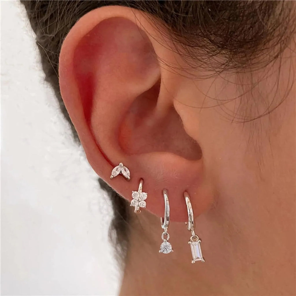 Women's geometric square earrings four-piece set with zircon detailing in gold or silver electroplated finishes