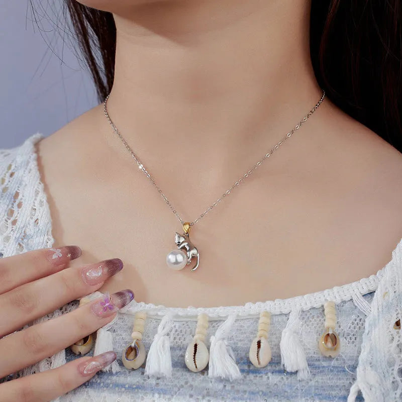 925 sterling silver clavicle necklace with cat charm pendant and pearl bead accents