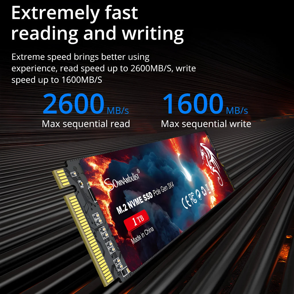 M.2 SATA solid state drive with 80x22x3.5mm dimensions showing capacity options from 128GB to 2TB