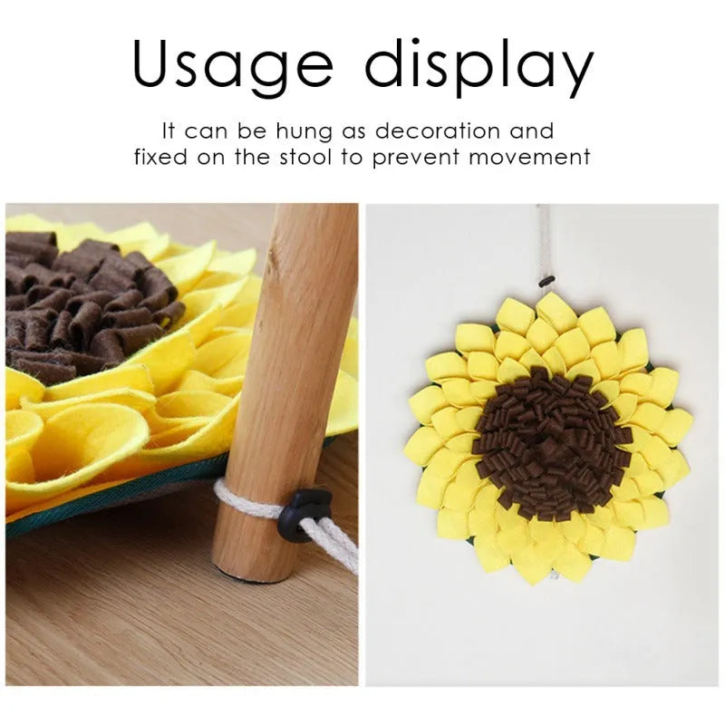 Yellow sunflower snuffle mat for dog feeding and nosework training games
