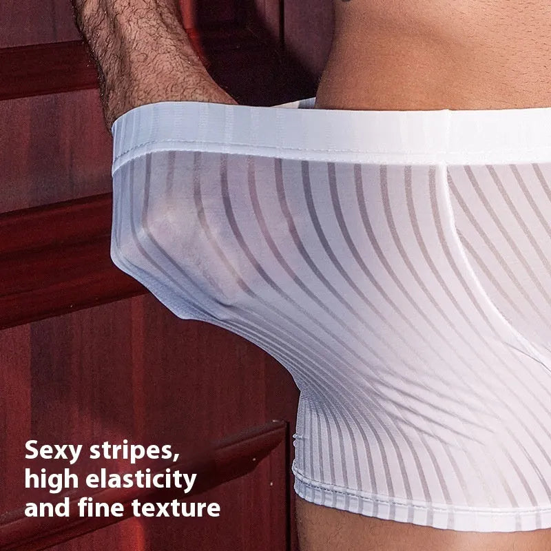 Men's black stripes nylon boxer briefs laid flat, showing vertical pattern and elastic waistband.