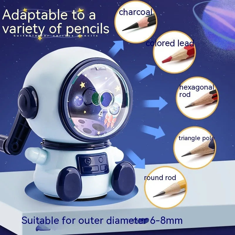 Blue astronaut cartoon manual pencil sharpener for children with adjustable sharpening levels