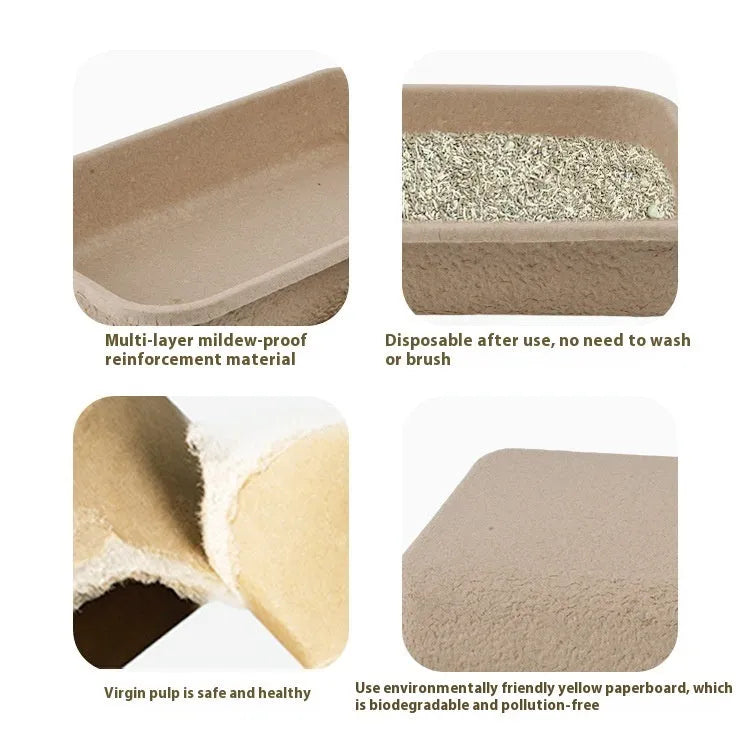 Brown biodegradable disposable cat litter box showing waterproof design with three size options