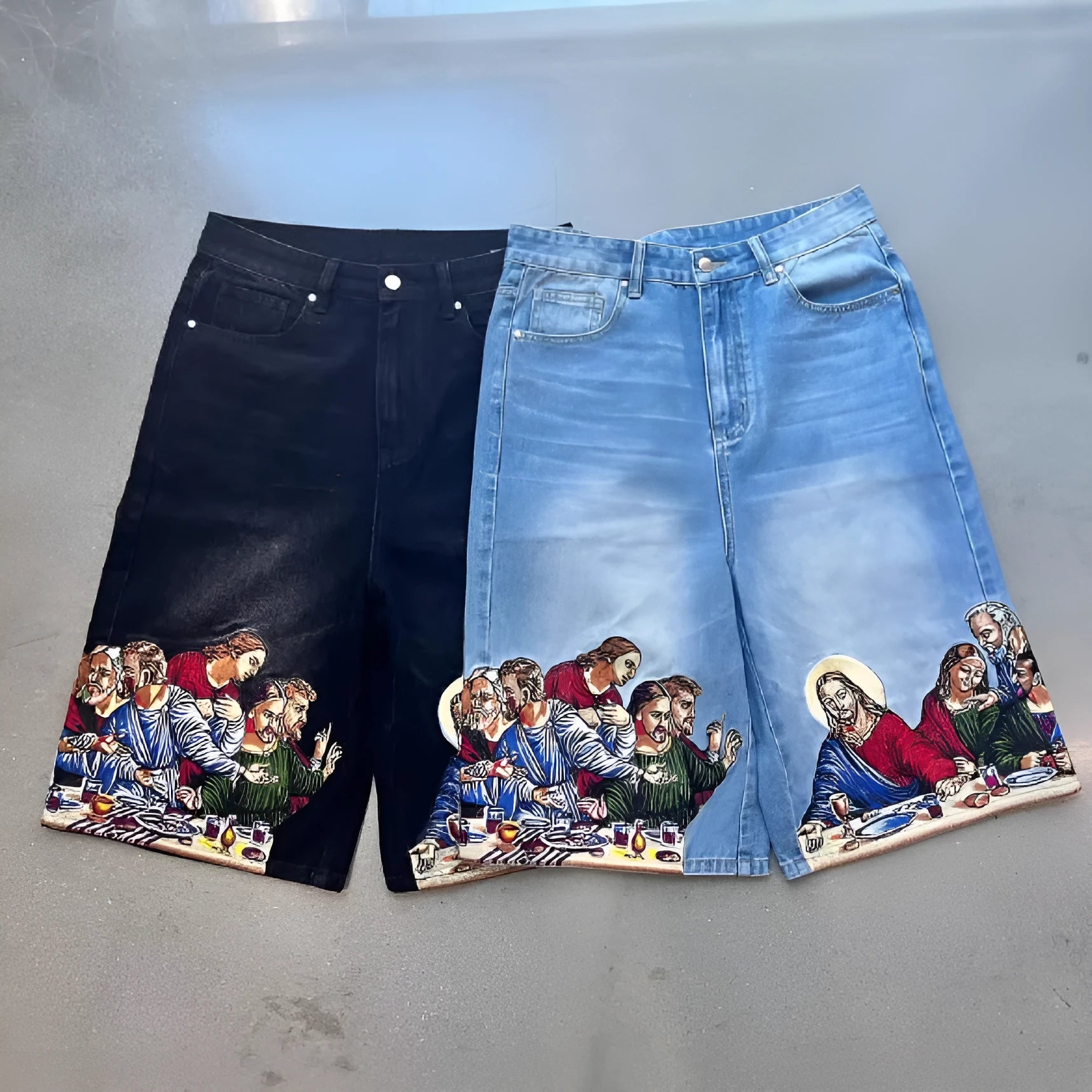 Blue tapered men's cotton shorts featuring a Jesus print design on the back pocket.