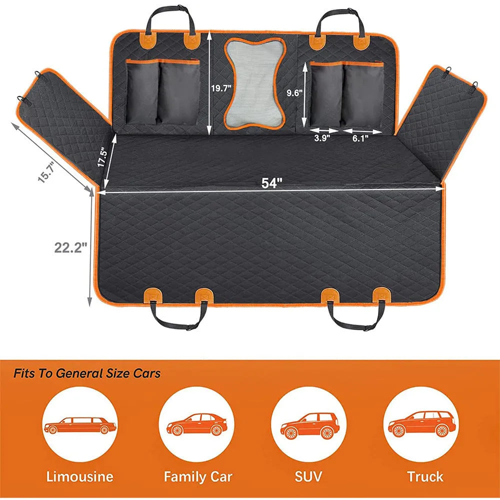 Black dog car seat cover with orange edging on a rear car seat, showing mesh window and storage pocket.