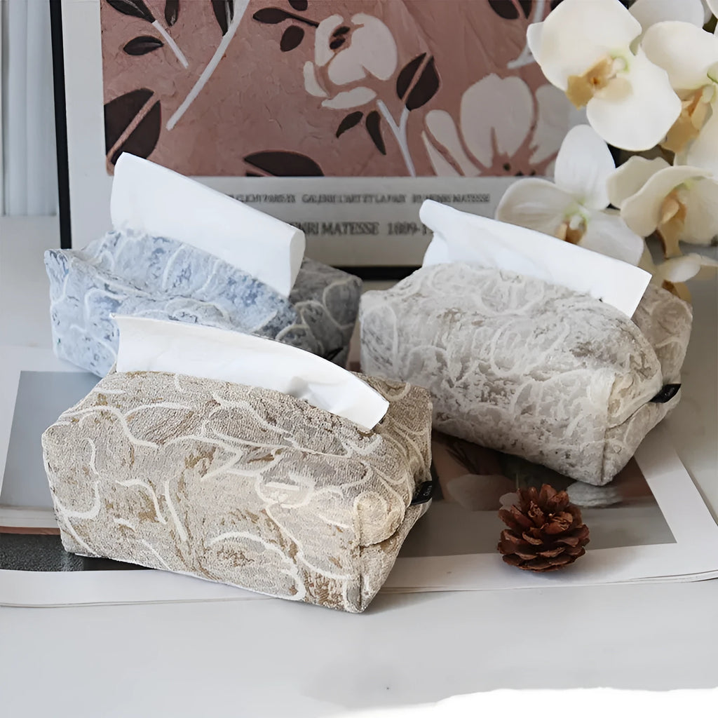Cotton fabric floral tissue box cover in Chinese pastoral style on a table.