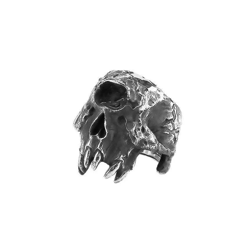 Silver alloy one-eyed skull ring with electroplated finish available in sizes 7 to 13
