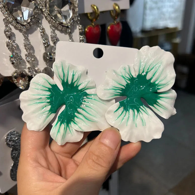 Women's alloy floral stud earrings with electroplated oil-spot glaze finish in four colour variations