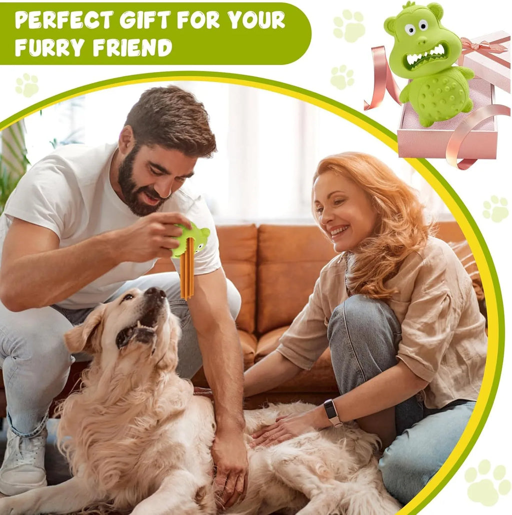 Green and yellow natural rubber squeaky dog toy with thick textured surface for aggressive chewers