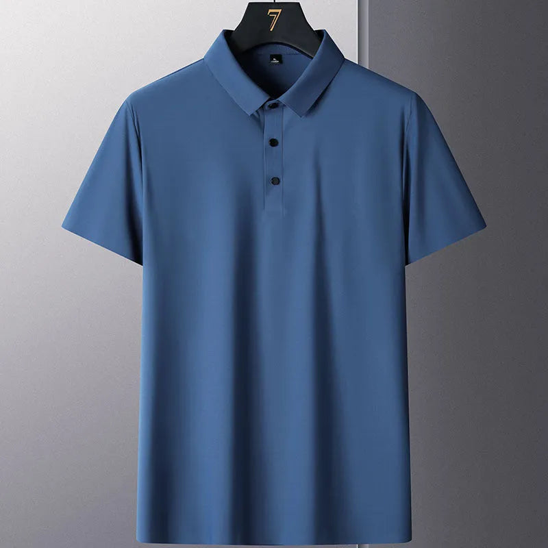 Men's non-ironing solid colour short sleeve business casual shirt on a hanger.