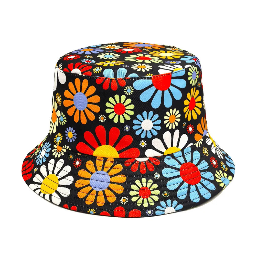 Colourful floral print polyester bucket hat with a dome crown on a white background.