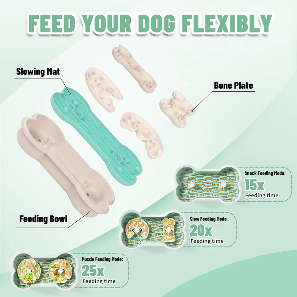 Large green slow feeder dog bowl with wave-pattern trays and suction cups on a wooden floor.
